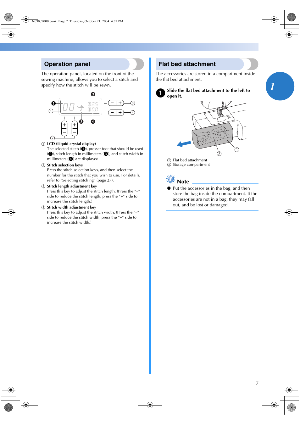Operation panel, Flat bed attachment | Brother ES 2000 User Manual | Page 9 / 67