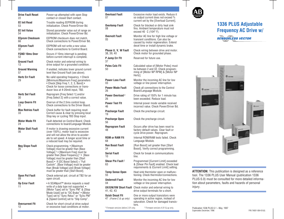 Front, Faults (continued), 1336 plus adjustable frequency ac drive w | Rockwell Automation 1336S ADJ FREQ AC DRIVE User Manual | Page 4 / 4