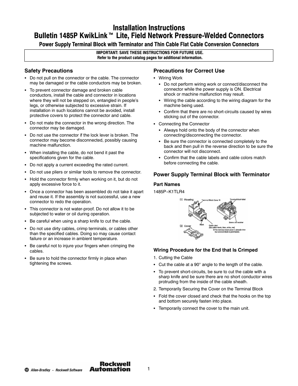 Rockwell Automation 14885P KwikLink Lite, Field Network Pressure-Welded Connectors User Manual | 3 pages