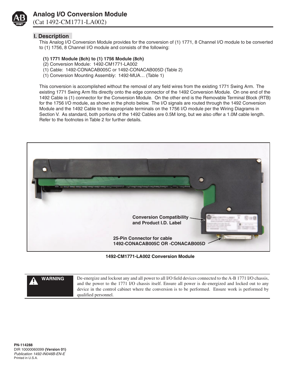 Rockwell Automation 1492-CM1771-LA002 Analog I/O Conversion Module User Manual | 8 pages