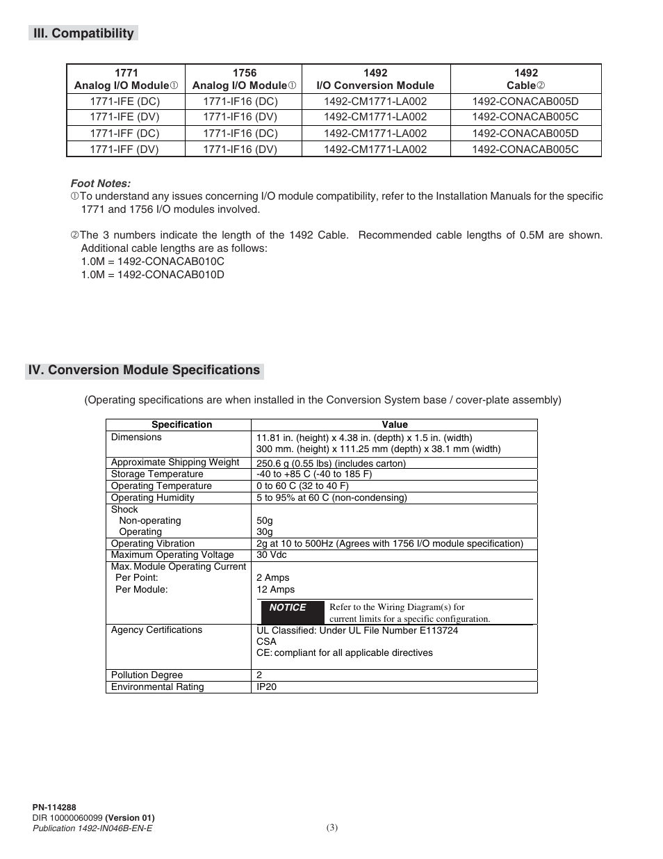 Iv. conversion module specifications, Iii. compatibility | Rockwell Automation 1492-CM1771-LA002 Analog I/O Conversion Module User Manual | Page 3 / 8