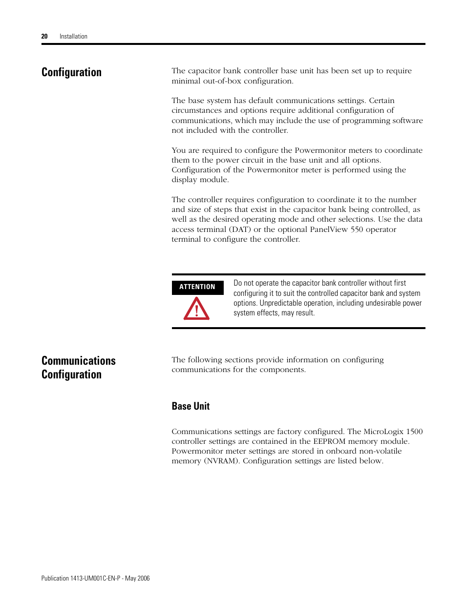 Configuration, Communications configuration, Configuration communications configuration | Base unit | Rockwell Automation 1413-ME-PEA Capacitor Bank Controller - Series B User Manual | Page 22 / 72