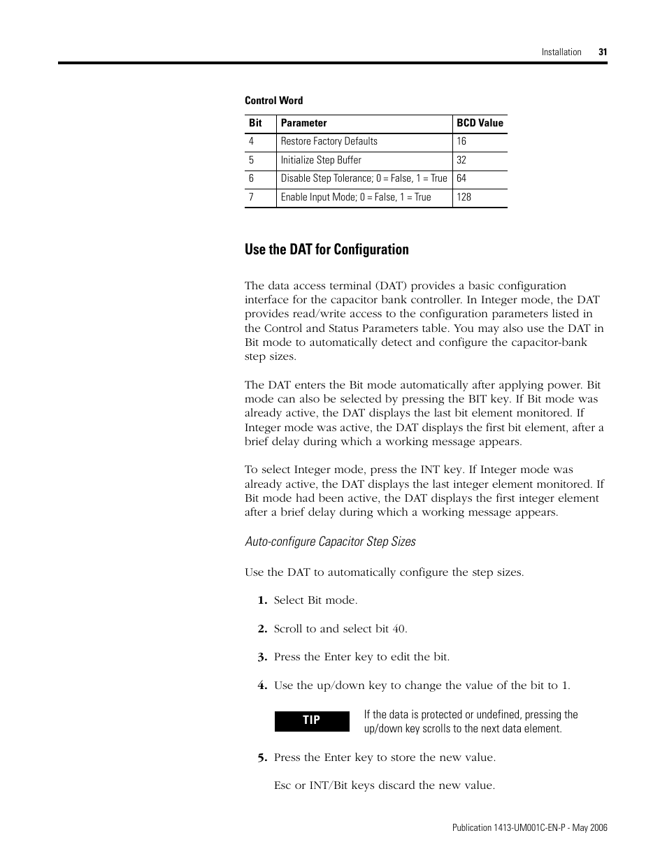 Use the dat for configuration | Rockwell Automation 1413-ME-PEA Capacitor Bank Controller - Series B User Manual | Page 33 / 72