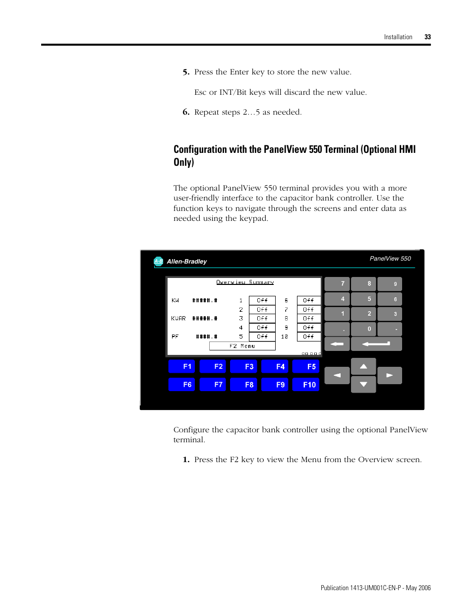 Configuration with the panelview 550 terminal, Optional hmi only) | Rockwell Automation 1413-ME-PEA Capacitor Bank Controller - Series B User Manual | Page 35 / 72