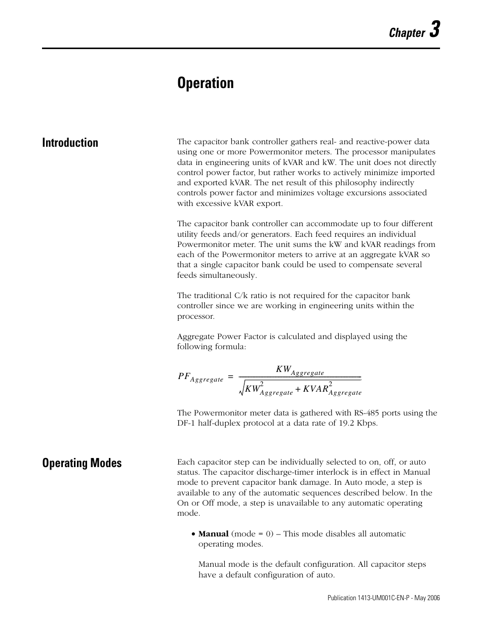 3 - operation, Introduction, Operating modes | Chapter 3, Operation, Introduction operating modes, Chapter | Rockwell Automation 1413-ME-PEA Capacitor Bank Controller - Series B User Manual | Page 39 / 72