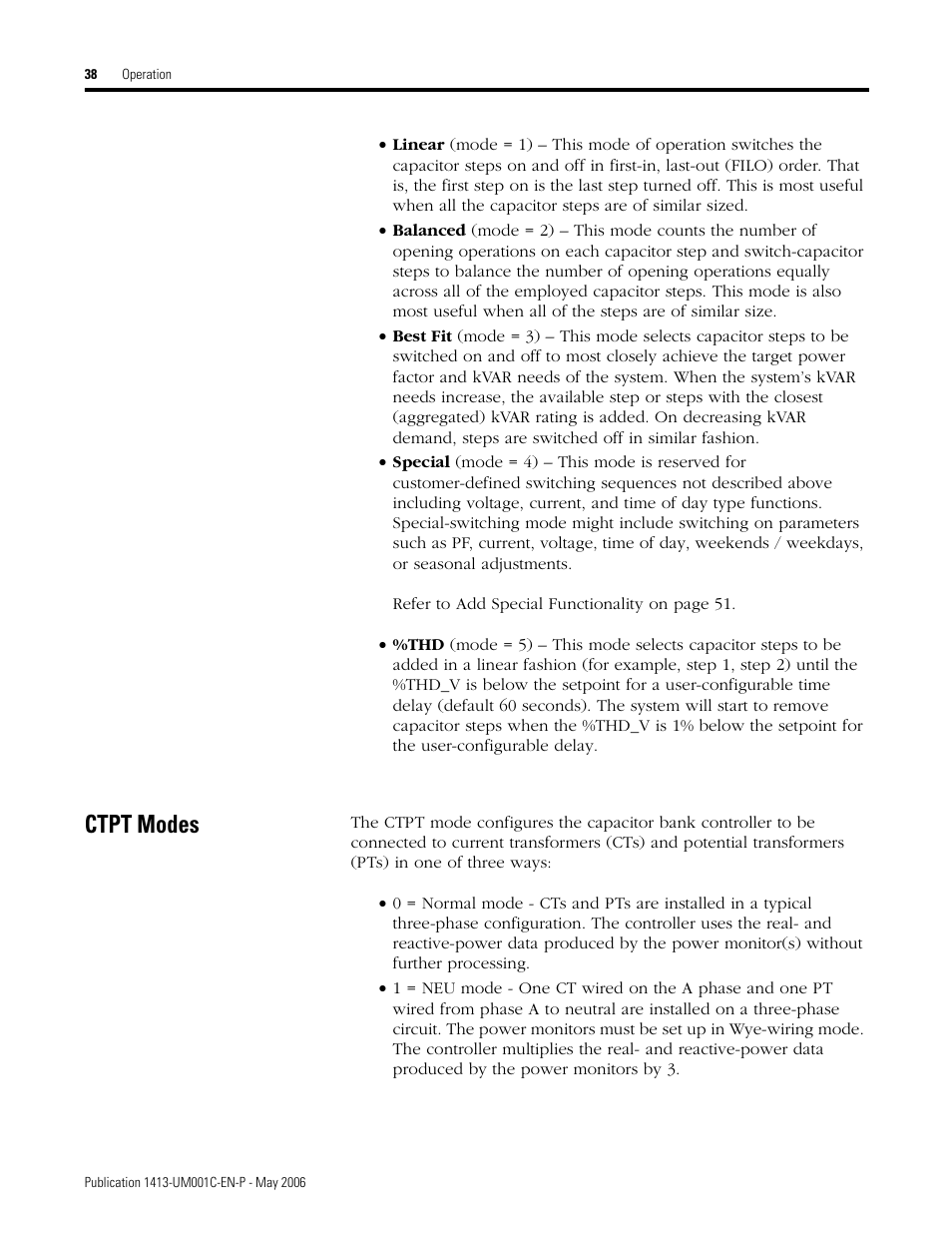 Ctpt modes | Rockwell Automation 1413-ME-PEA Capacitor Bank Controller - Series B User Manual | Page 40 / 72