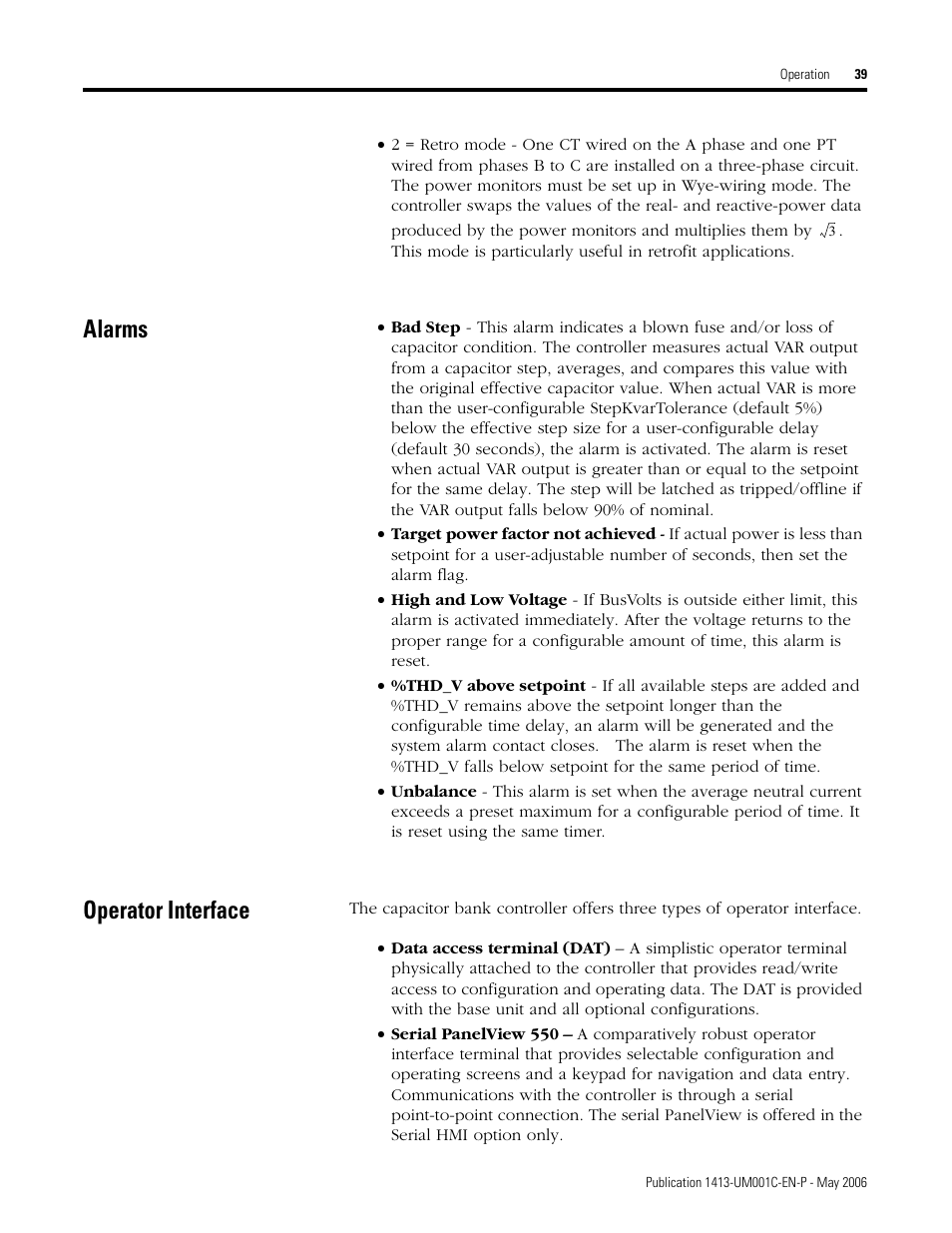 Alarms, Operator interface, Alarms operator interface | Rockwell Automation 1413-ME-PEA Capacitor Bank Controller - Series B User Manual | Page 41 / 72