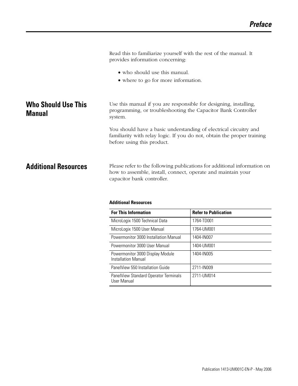 Preface, Who should use this manual, Additional resources | Who should use this manual additional resources | Rockwell Automation 1413-ME-PEA Capacitor Bank Controller - Series B User Manual | Page 5 / 72