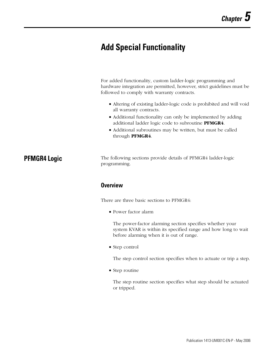 5 - add special functionality, Pfmgr4 logic, Chapter 5 | Add special functionality, Overview, Chapter | Rockwell Automation 1413-ME-PEA Capacitor Bank Controller - Series B User Manual | Page 53 / 72