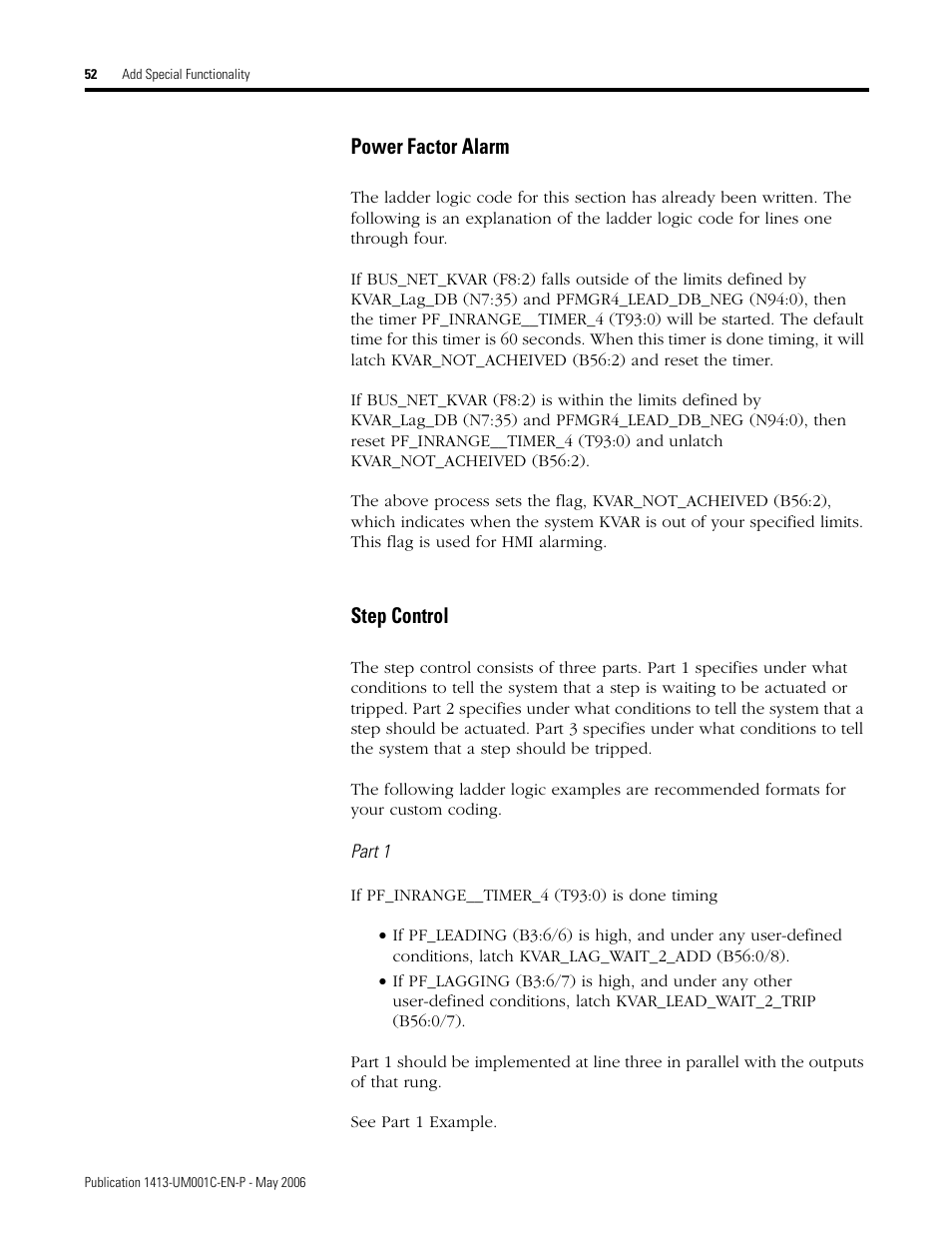 Power factor alarm step control, Power factor alarm, Step control | Rockwell Automation 1413-ME-PEA Capacitor Bank Controller - Series B User Manual | Page 54 / 72