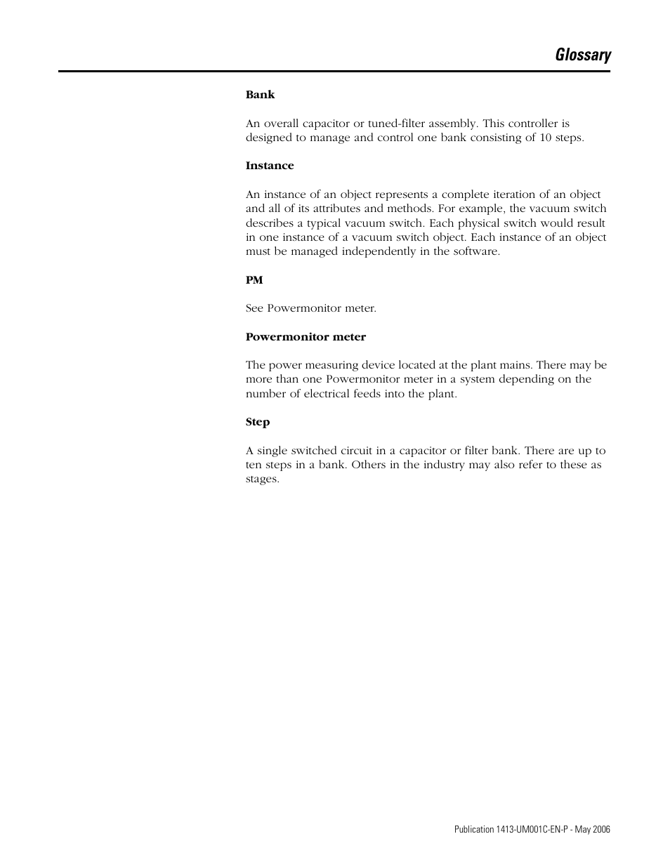 Glossary | Rockwell Automation 1413-ME-PEA Capacitor Bank Controller - Series B User Manual | Page 67 / 72