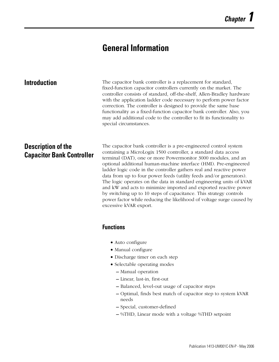 1 - general information, Introduction, Description of the capacitor bank controller | Chapter 1, General information, Functions, Chapter | Rockwell Automation 1413-ME-PEA Capacitor Bank Controller - Series B User Manual | Page 7 / 72