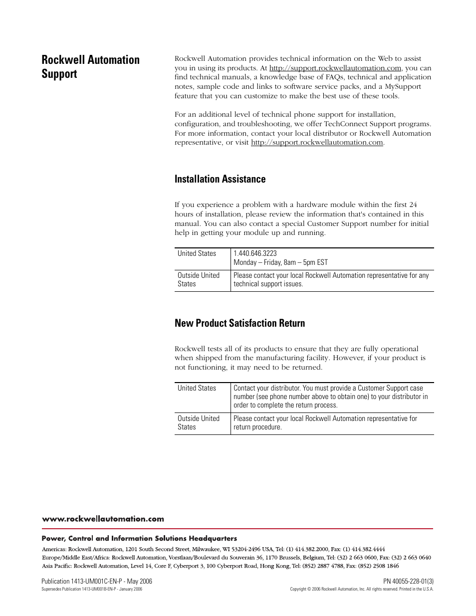 Back cover, Rockwell automation support, Installation assistance | New product satisfaction return | Rockwell Automation 1413-ME-PEA Capacitor Bank Controller - Series B User Manual | Page 72 / 72