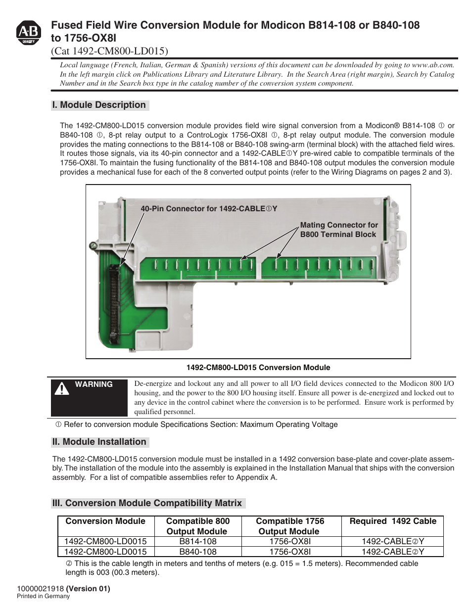 Rockwell Automation 1492-CM800-LD015 Field Wire Conv. Module for Modicon B814-108 or B840-108 to 1756-OX8I User Manual | 8 pages