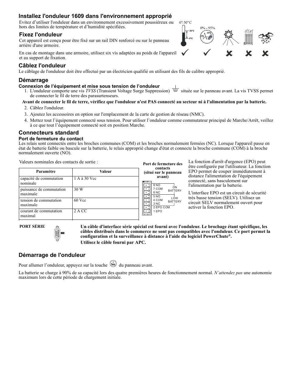 Démarrage, Connecteurs standard, Démarrage de l'onduleur | Fixez l'onduleur | Rockwell Automation 1609-U500x Uninterruptible Power Supply User Manual | Page 10 / 24