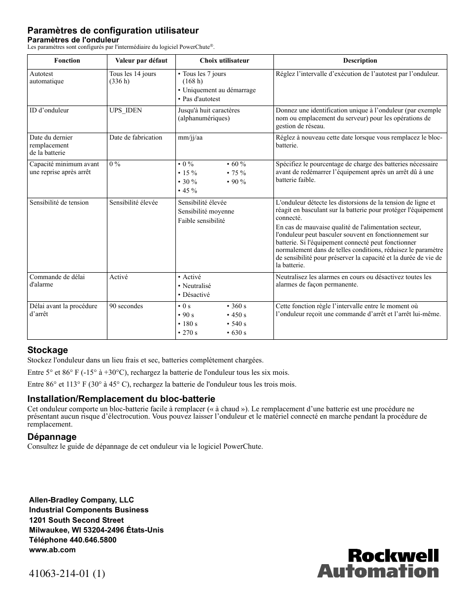 Paramètres de configuration utilisateur, Stockage, Installation/remplacement du bloc-batterie | Dépannage | Rockwell Automation 1609-U500x Uninterruptible Power Supply User Manual | Page 12 / 24