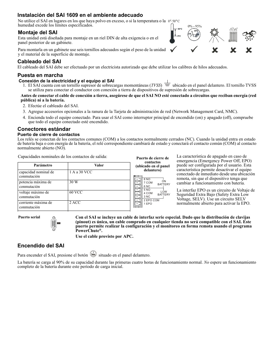 Puesta en marcha, Conectores estándar, Encendido del sai | Montaje del sai | Rockwell Automation 1609-U500x Uninterruptible Power Supply User Manual | Page 14 / 24