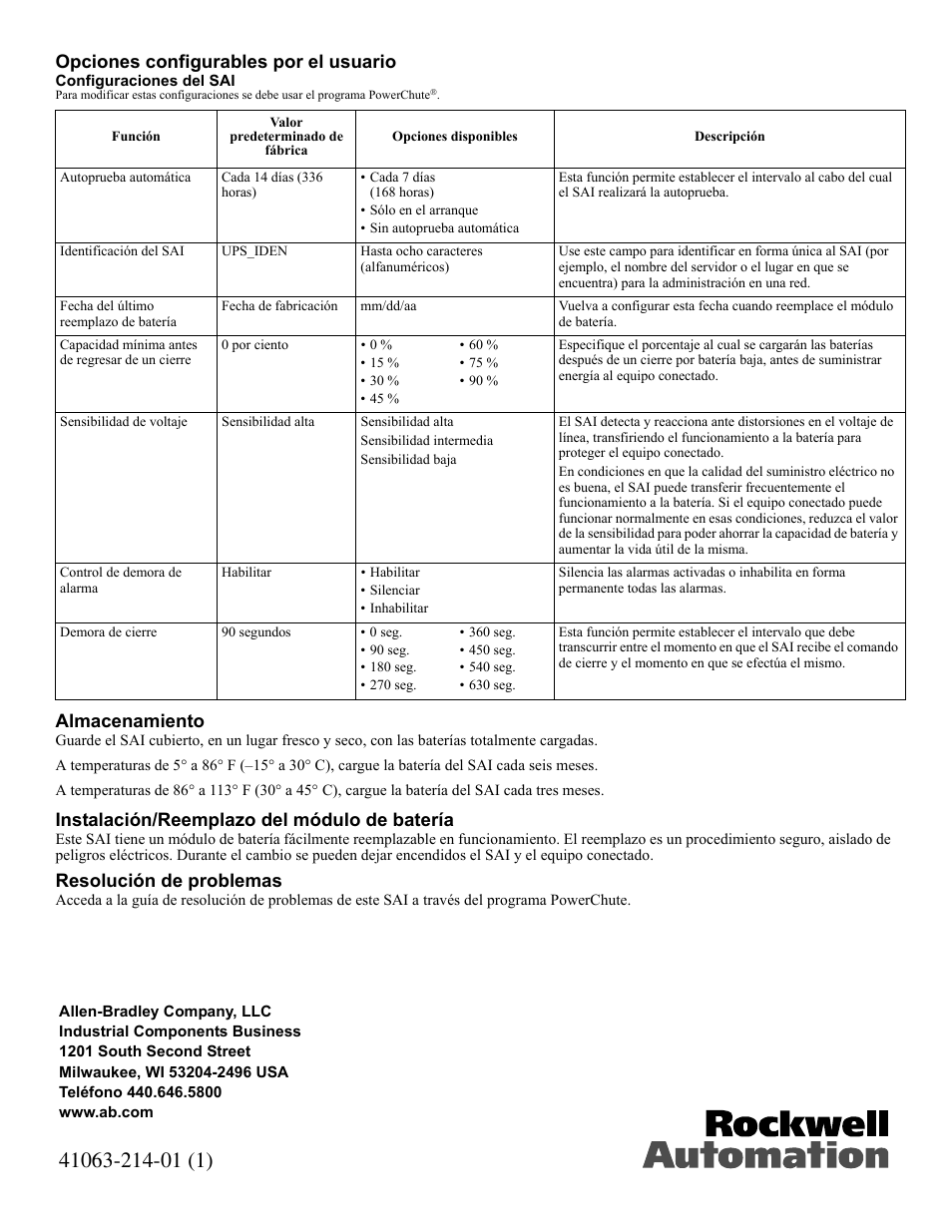 Opciones configurables por el usuario, Almacenamiento, Instalación/reemplazo del módulo de batería | Resolución de problemas | Rockwell Automation 1609-U500x Uninterruptible Power Supply User Manual | Page 16 / 24