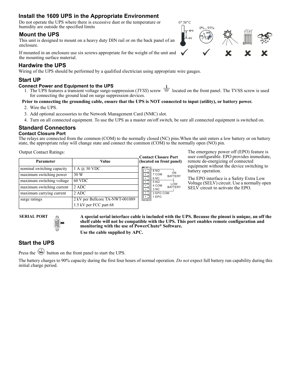 Start up, Standard connectors, Start the ups | Mount the ups | Rockwell Automation 1609-U500x Uninterruptible Power Supply User Manual | Page 2 / 24