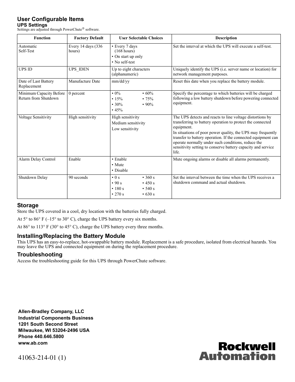 User configurable items, Storage, Installing/replacing the battery module | Troubleshooting | Rockwell Automation 1609-U500x Uninterruptible Power Supply User Manual | Page 4 / 24