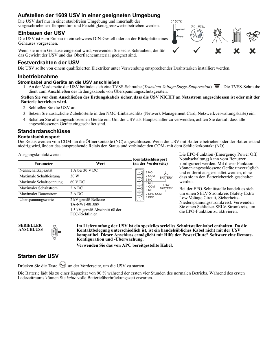 Inbetriebnahme, Standardanschlüsse, Starten der usv | Einbauen der usv | Rockwell Automation 1609-U500x Uninterruptible Power Supply User Manual | Page 6 / 24