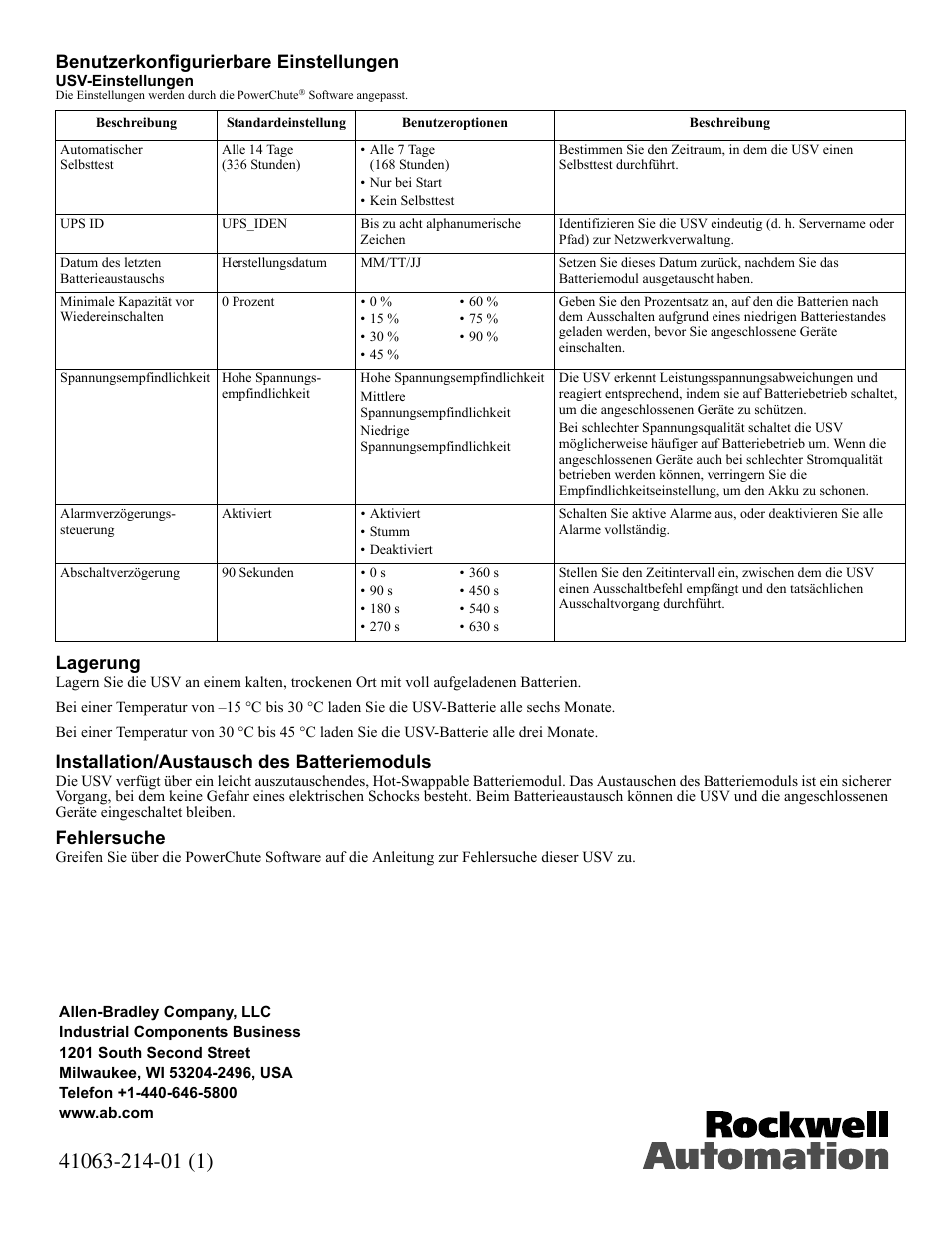 Benutzerkonfigurierbare einstellungen, Lagerung, Installation/austausch des batteriemoduls | Fehlersuche | Rockwell Automation 1609-U500x Uninterruptible Power Supply User Manual | Page 8 / 24