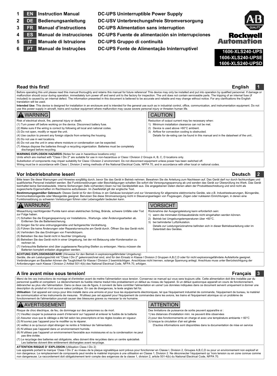 Rockwell Automation 1606-XLS240-UPS_UPSD_UPSE DC-UPS Uninterruptible Power Supply User Manual | 4 pages