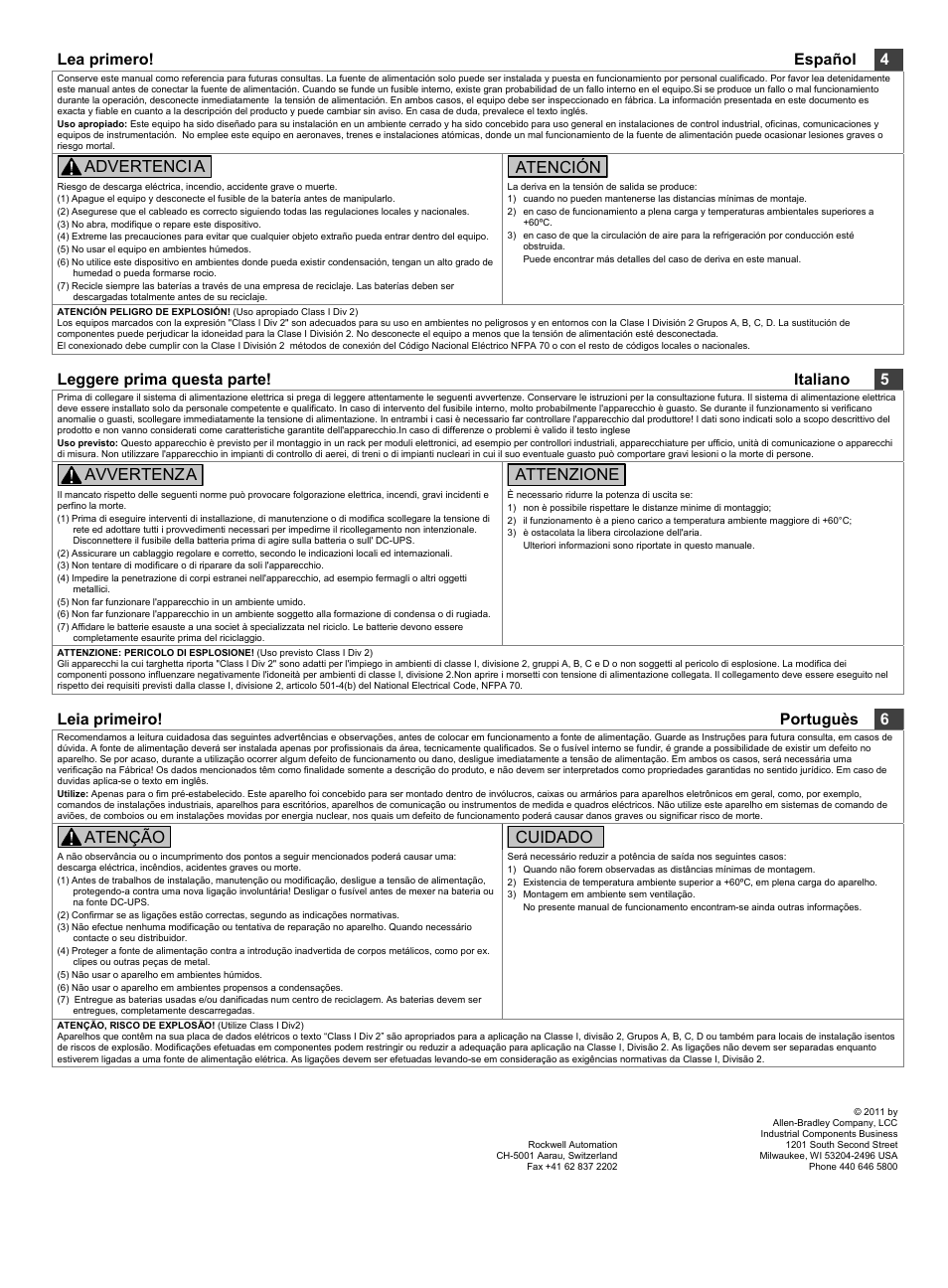 Lea primero! español 4, Advertenci a, Atención | Leggere prima questa parte! italiano 5, Avvertenza, Attenzione, Leia primeiro! portuguès 6, Atenção, Cuidado | Rockwell Automation 1606-XLS240-UPS_UPSD_UPSE DC-UPS Uninterruptible Power Supply User Manual | Page 2 / 4