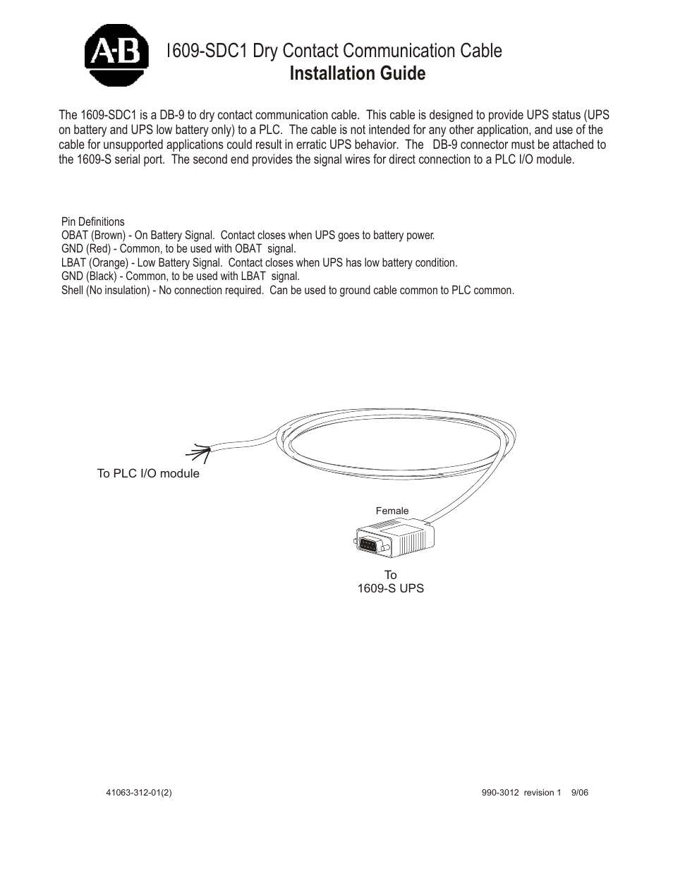 Rockwell Automation 1609-SDC1 Dry Contact Communication Cable User Manual | 1 page