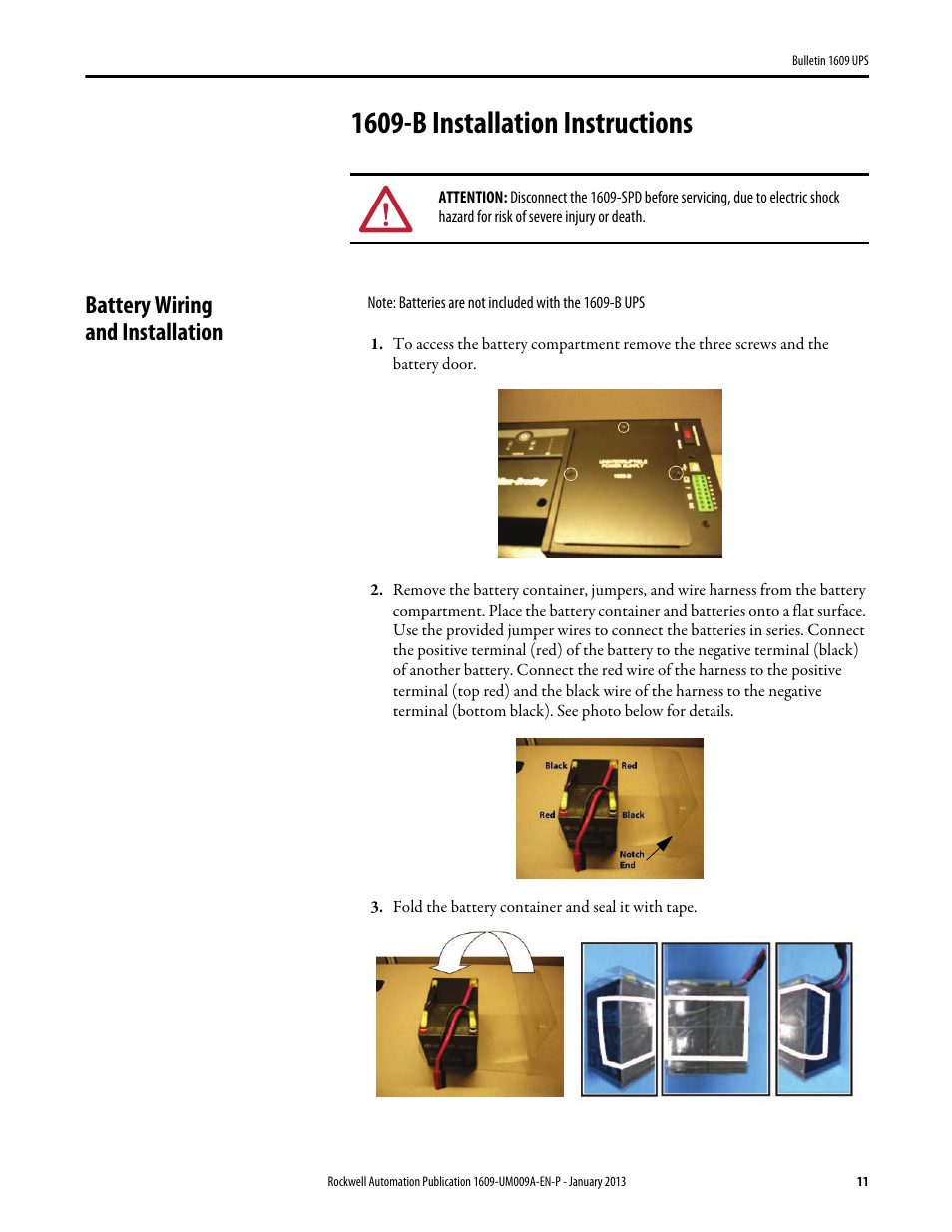 1609-b installation instructions, Battery wiring and installation, Fold the battery container and seal it with tape | Rockwell Automation 1609-B_D UPS Product User Manual User Manual | Page 11 / 34