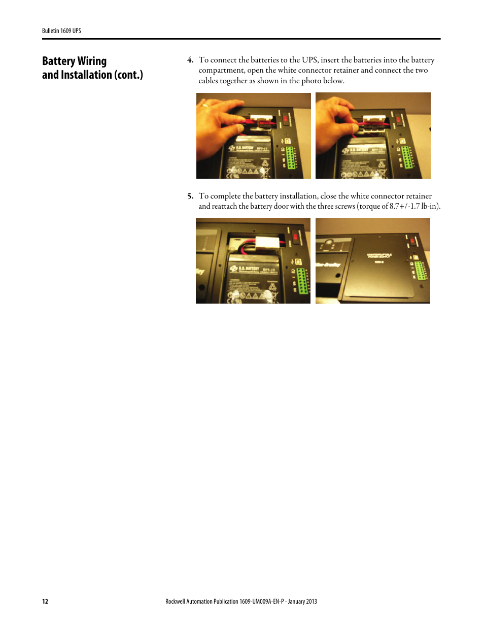 Battery wiring and installation (cont.) | Rockwell Automation 1609-B_D UPS Product User Manual User Manual | Page 12 / 34
