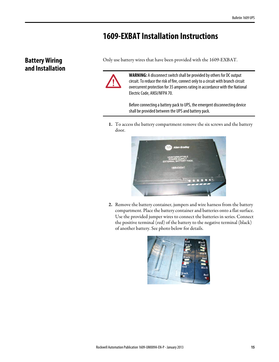 1609-exbat installation instructions, Battery wiring and installation | Rockwell Automation 1609-B_D UPS Product User Manual User Manual | Page 15 / 34