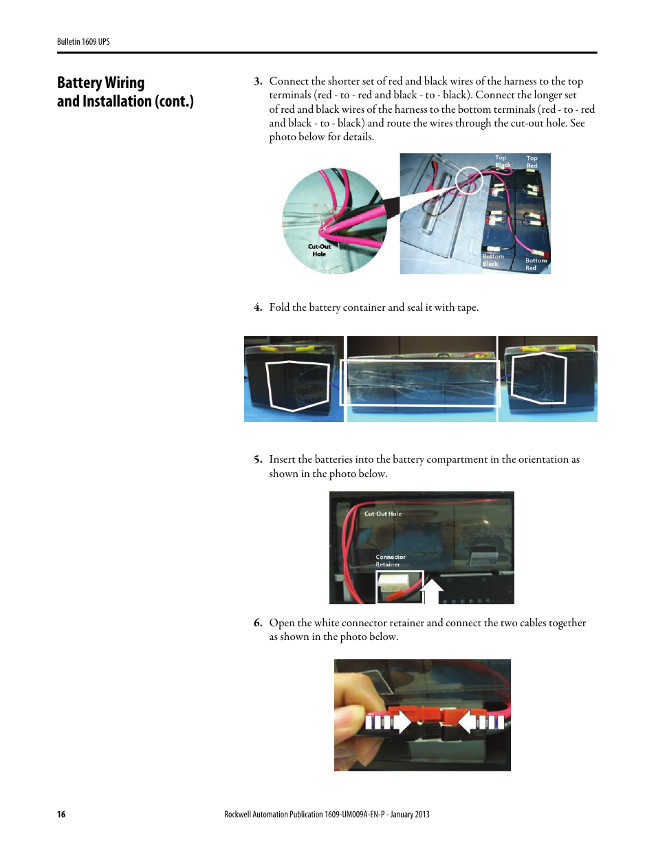 Battery wiring and installation (cont.), Fold the battery container and seal it with tape | Rockwell Automation 1609-B_D UPS Product User Manual User Manual | Page 16 / 34