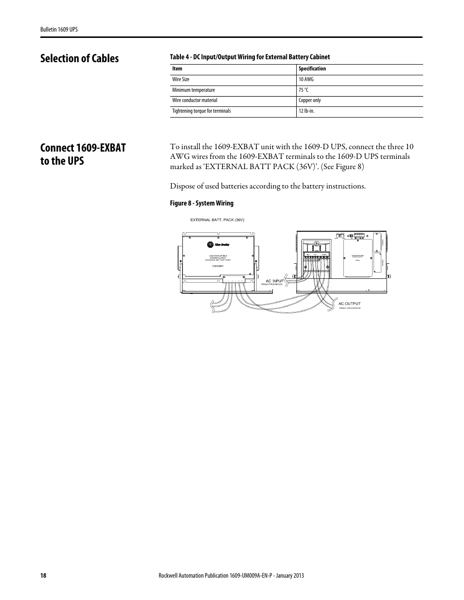 Selection of cables, Connect 1609-exbat to the ups, Figure 8 - system wiring | Rockwell Automation 1609-B_D UPS Product User Manual User Manual | Page 18 / 34