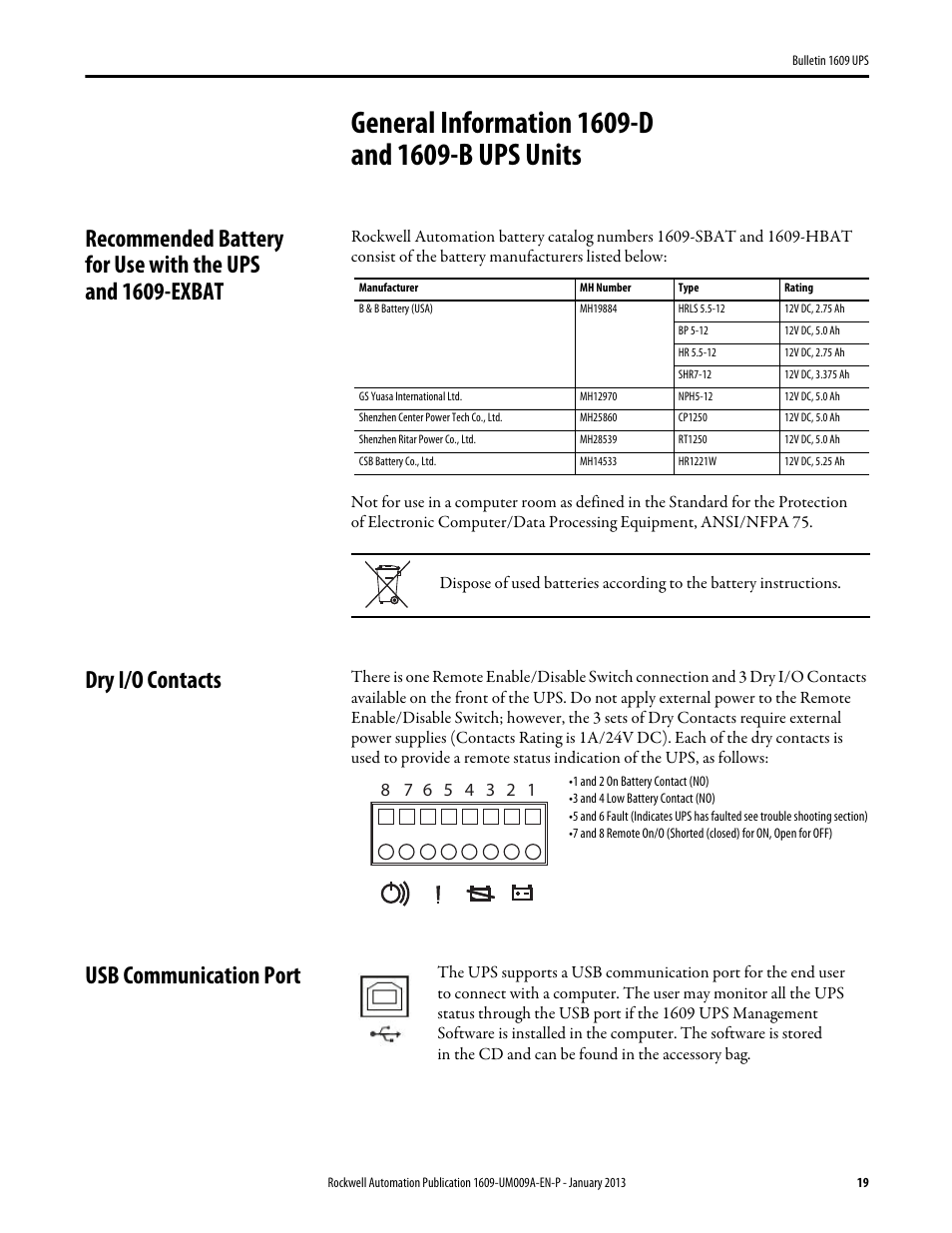 General information 1609-d and 1609-b ups units, Dry i/o contacts, Usb communication port | Rockwell Automation 1609-B_D UPS Product User Manual User Manual | Page 19 / 34