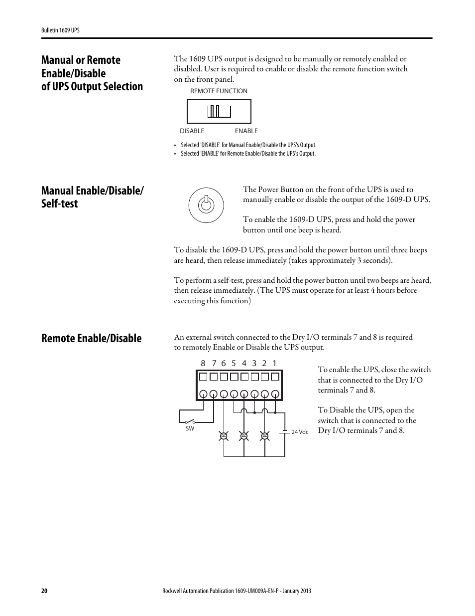 Manual enable/disable/ self-test, Remote enable/disable | Rockwell Automation 1609-B_D UPS Product User Manual User Manual | Page 20 / 34