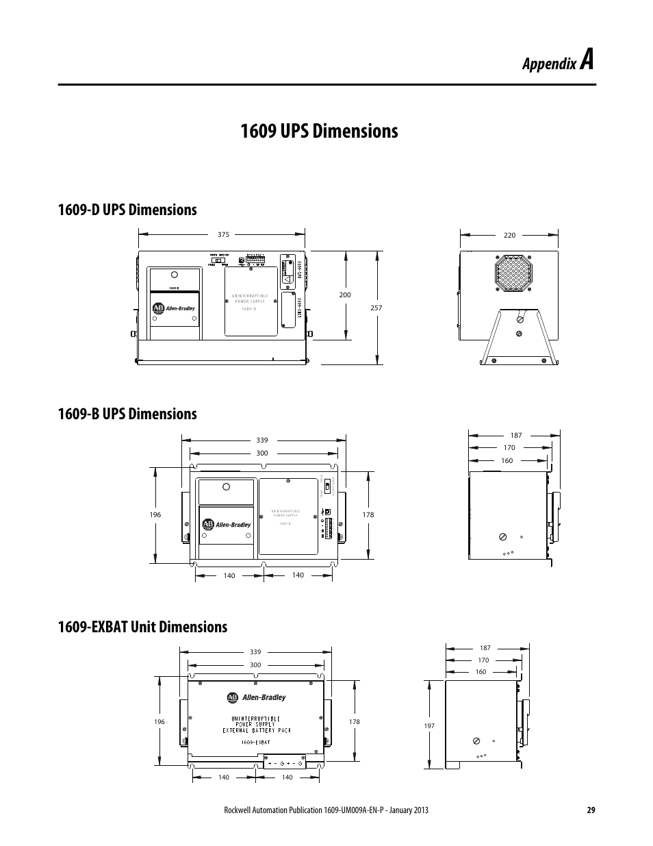 Appendix a, 1609 ups dimensions, 1609-d ups dimensions | 1609-b ups dimensions, 1609-exbat unit dimensions, Appendix | Rockwell Automation 1609-B_D UPS Product User Manual User Manual | Page 29 / 34