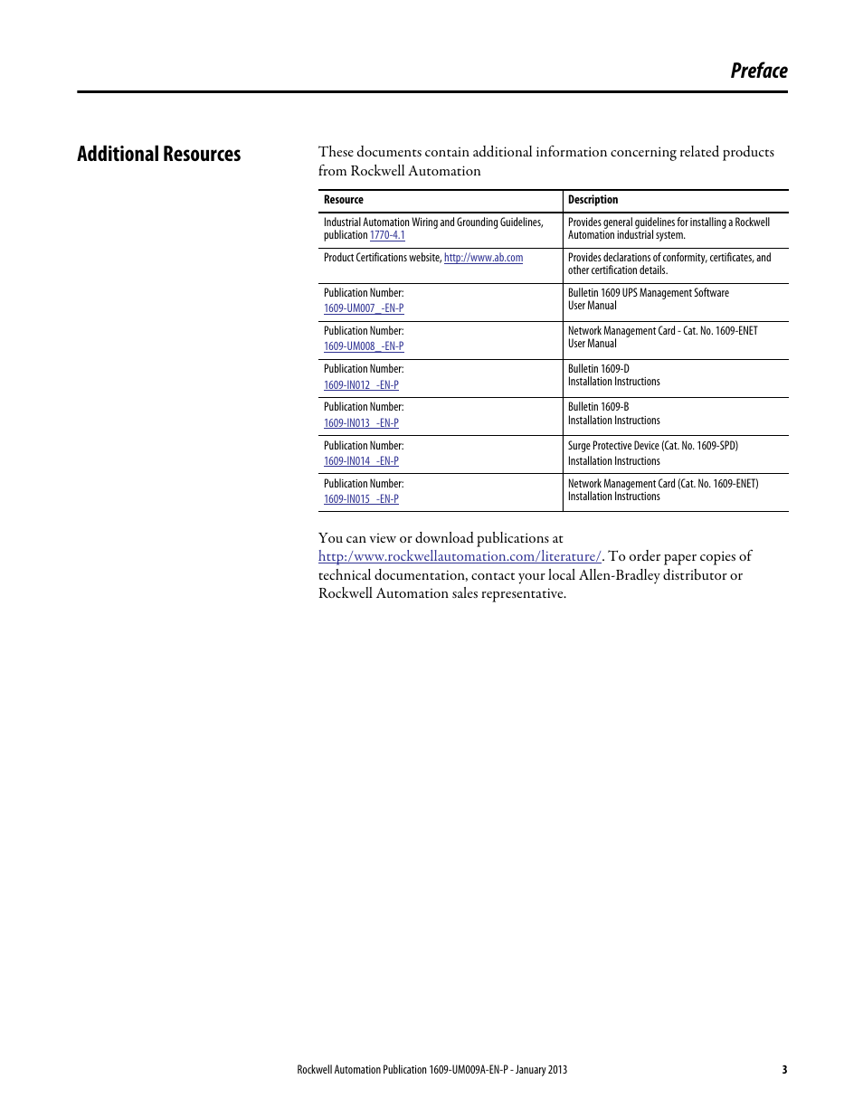 Preface, Additional resources, Preface additional resources | Rockwell Automation 1609-B_D UPS Product User Manual User Manual | Page 3 / 34