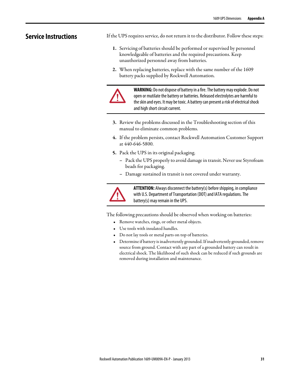 Service instructions, Pack the ups in its original packaging | Rockwell Automation 1609-B_D UPS Product User Manual User Manual | Page 31 / 34