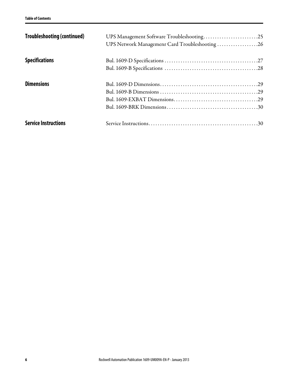Troubleshooting (continued), Specifications, Dimensions | Service instructions | Rockwell Automation 1609-B_D UPS Product User Manual User Manual | Page 6 / 34