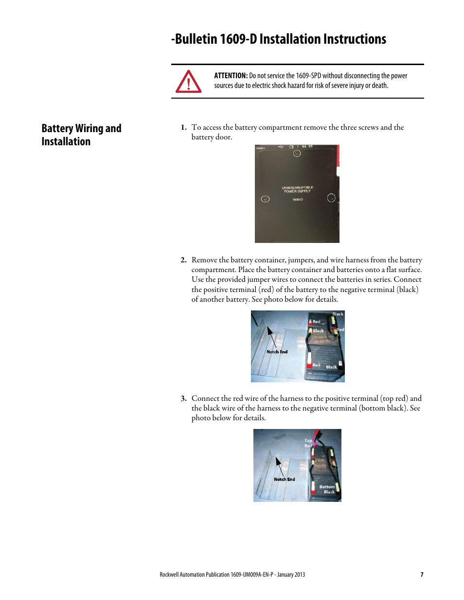 Bulletin 1609-d installation instructions, Battery wiring and installation | Rockwell Automation 1609-B_D UPS Product User Manual User Manual | Page 7 / 34