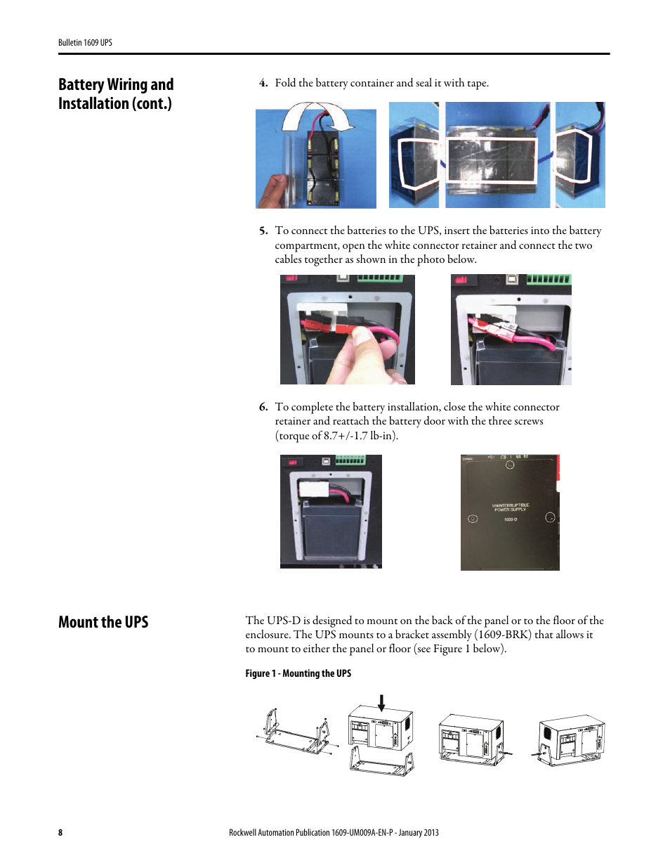 Battery wiring and installation (cont.), Fold the battery container and seal it with tape, Mount the ups | Figure 1 - mounting the ups | Rockwell Automation 1609-B_D UPS Product User Manual User Manual | Page 8 / 34