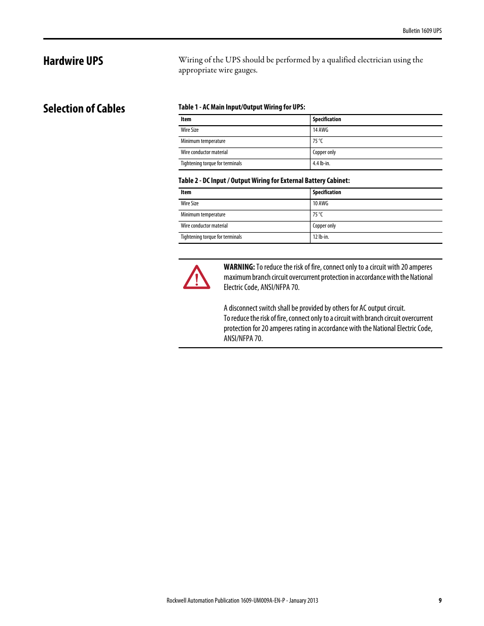 Hardwire ups, Selection of cables, Table 1 - ac main input/output wiring for ups | Rockwell Automation 1609-B_D UPS Product User Manual User Manual | Page 9 / 34