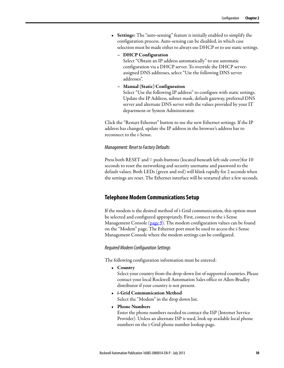 Management: reset to factory defaults, Telephone modem communications setup, Required modem configuration settings | Refer to, Telephone modem, Management, Telephone modem communications, For mo | Rockwell Automation 1608S I-Sense User Manual User Manual | Page 10 / 24