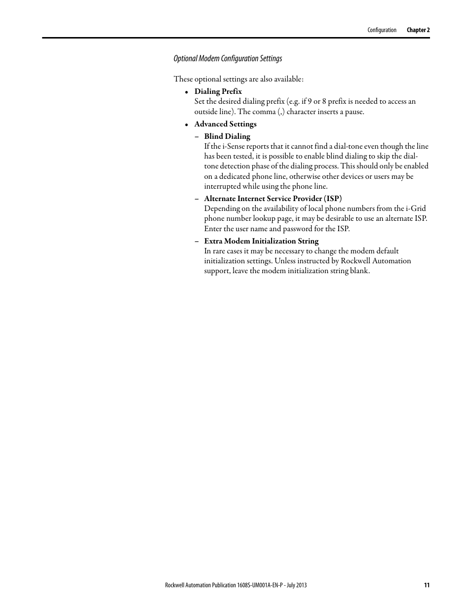 Optional modem configuration settings | Rockwell Automation 1608S I-Sense User Manual User Manual | Page 11 / 24