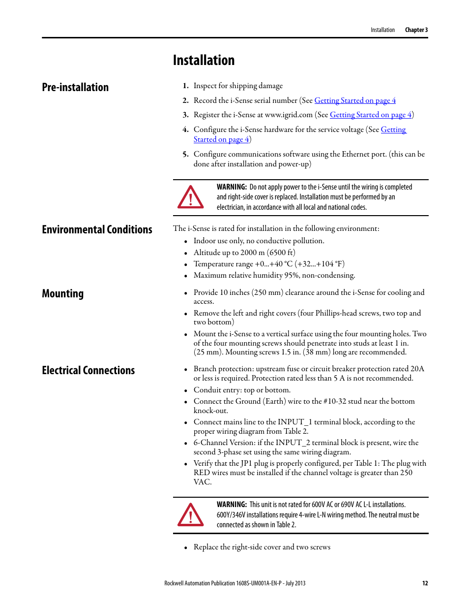 Installation, Pre-installation, Inspect for shipping damage | Environmental conditions, Mounting, Electrical connections | Rockwell Automation 1608S I-Sense User Manual User Manual | Page 12 / 24