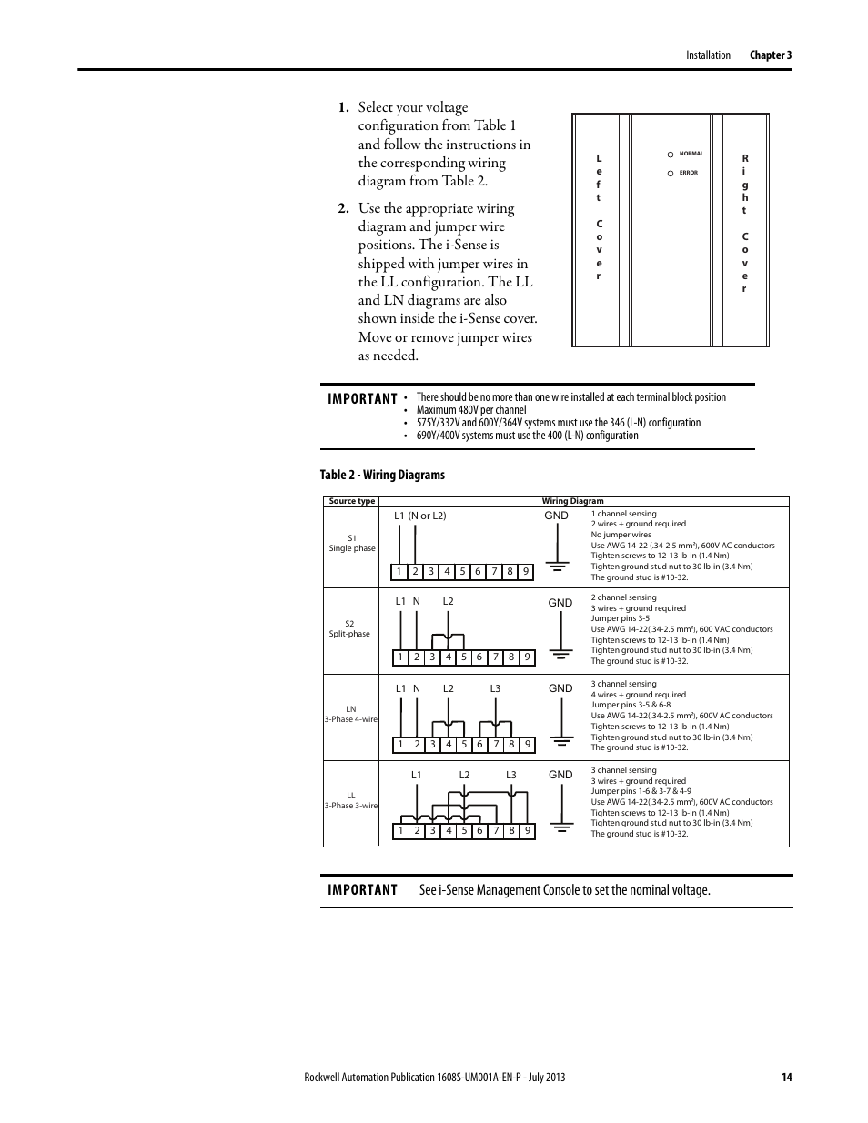 Table 2 - wiring diagrams, Important | Rockwell Automation 1608S I-Sense User Manual User Manual | Page 14 / 24