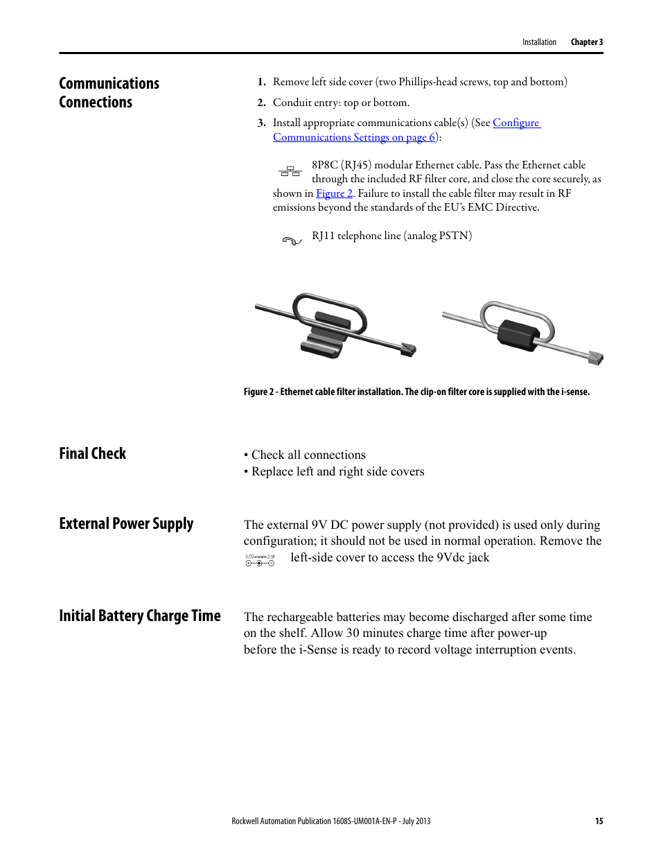 Communications connections, Conduit entry: top or bottom, Final check | External power supply, Initial battery charge time | Rockwell Automation 1608S I-Sense User Manual User Manual | Page 15 / 24