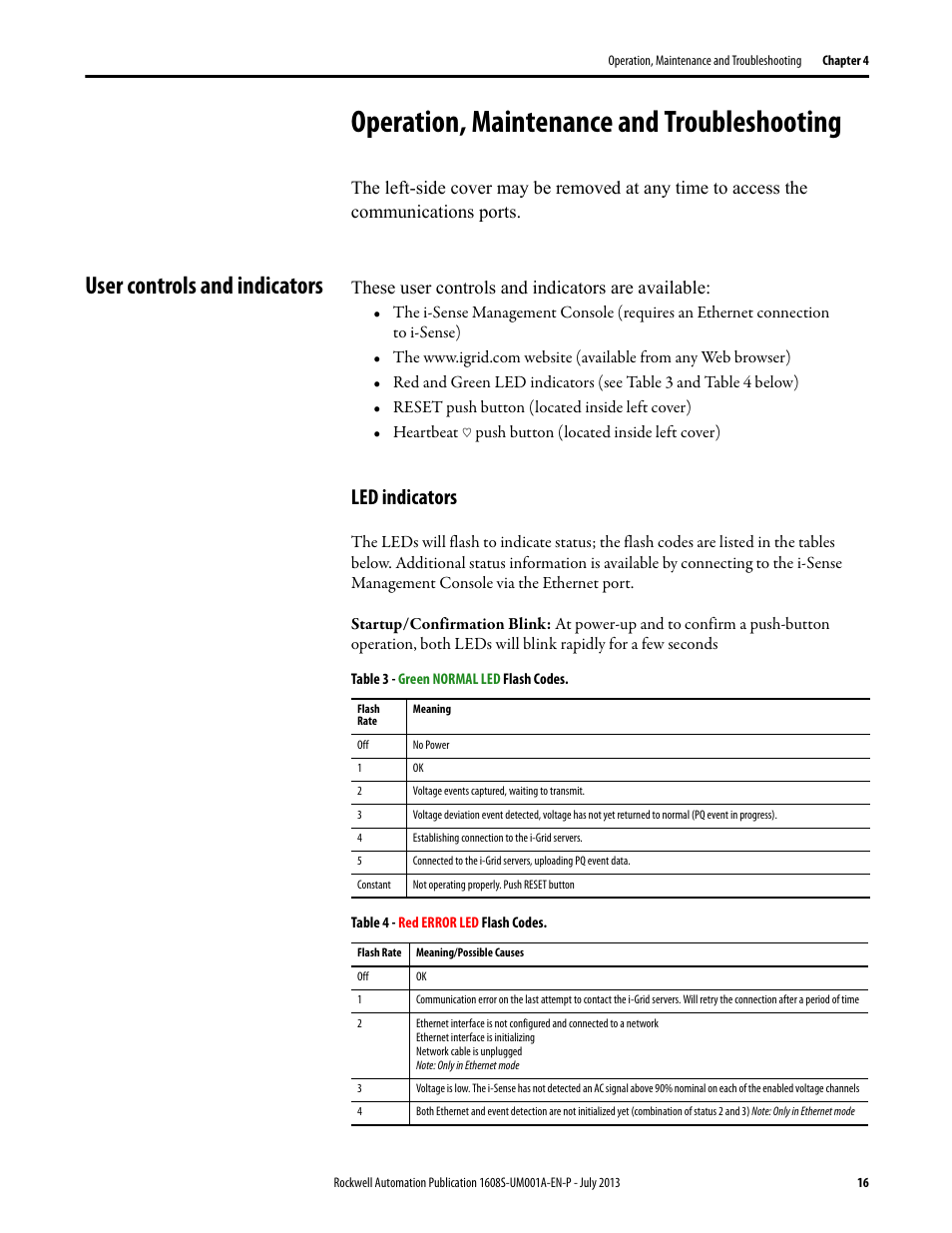 Operation, maintenance and troubleshooting, User controls and indicators, Led indicators | Table 3 - green normal led flash codes, Table 4 - red error led flash codes | Rockwell Automation 1608S I-Sense User Manual User Manual | Page 16 / 24