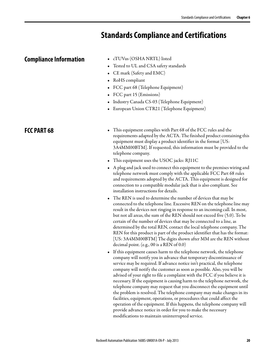Standards compliance and certifications, Compliance information, Fcc part 68 | Rockwell Automation 1608S I-Sense User Manual User Manual | Page 20 / 24